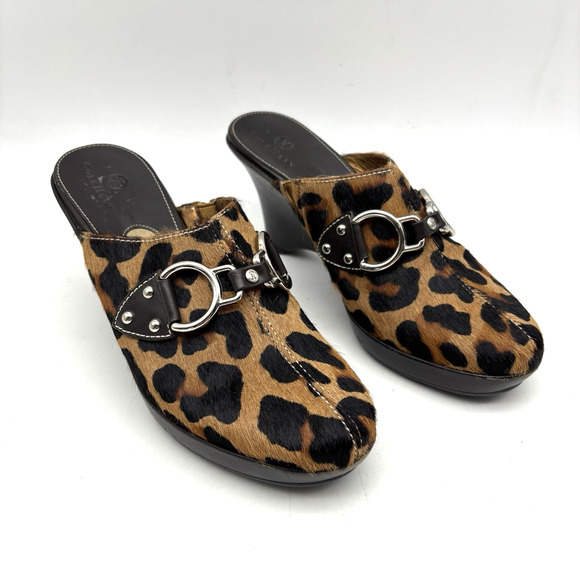 Cole Haan D18331 Leopard Print Cow Hair D-ring Brown Leather Wedge Clogs 6B - Picture 5 of 16